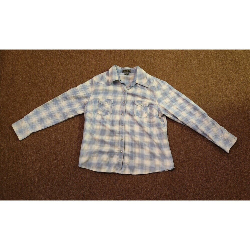 Eddie Bauer Flannel Plaid Shirt Mens Size M Blue & White 100% Cotton Button Up